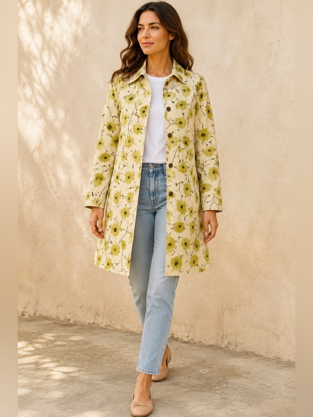 Landsโ End Cream Green Floral Rain Coat Jacket Lined Medium